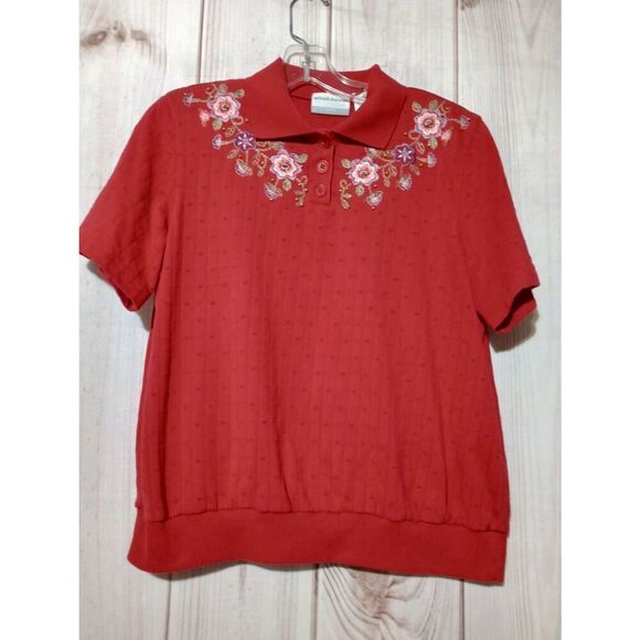 Alfred Dunner Shirt‎ Ladies Petite Medium Red Polo Embroidered Vintage Grandma - Picture 1 of 7
